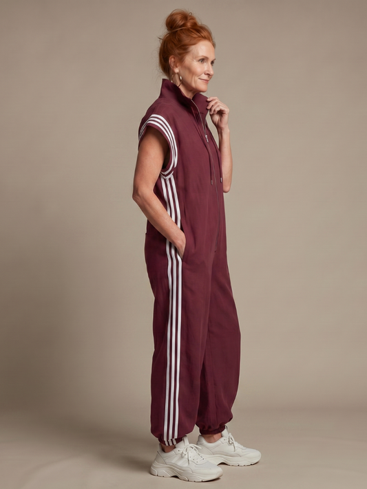 Women's Wide Leg Jumpsuit – Zip Front Stripe Panel | The Lark | Huna