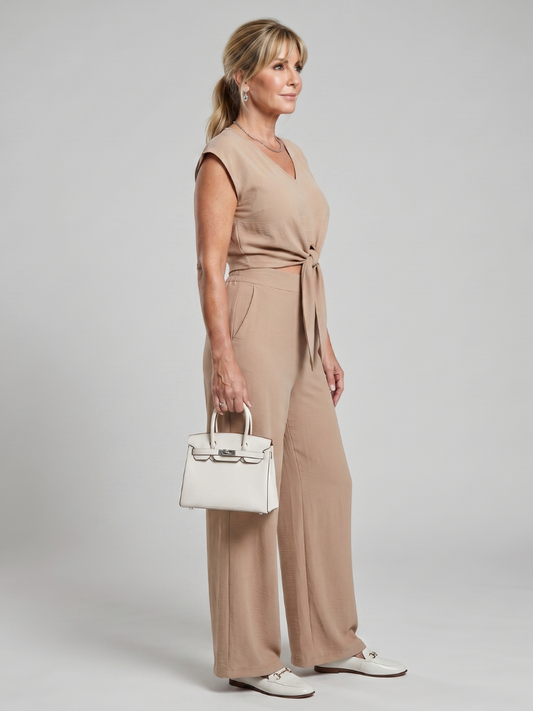 Women's V Neck Tie-Waist Top & Wide Leg Pants Set – Co-ord | The Leonora | Huna