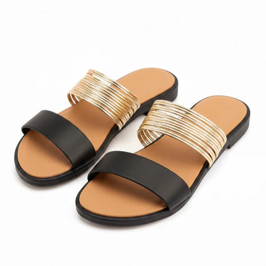 Women's Flat Slide Sandals Metallic Multi-Strap Synthetic