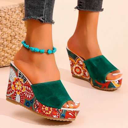 Women's Floral Wedge Sandals – Suede Platform Mule | The Lyra | Huna