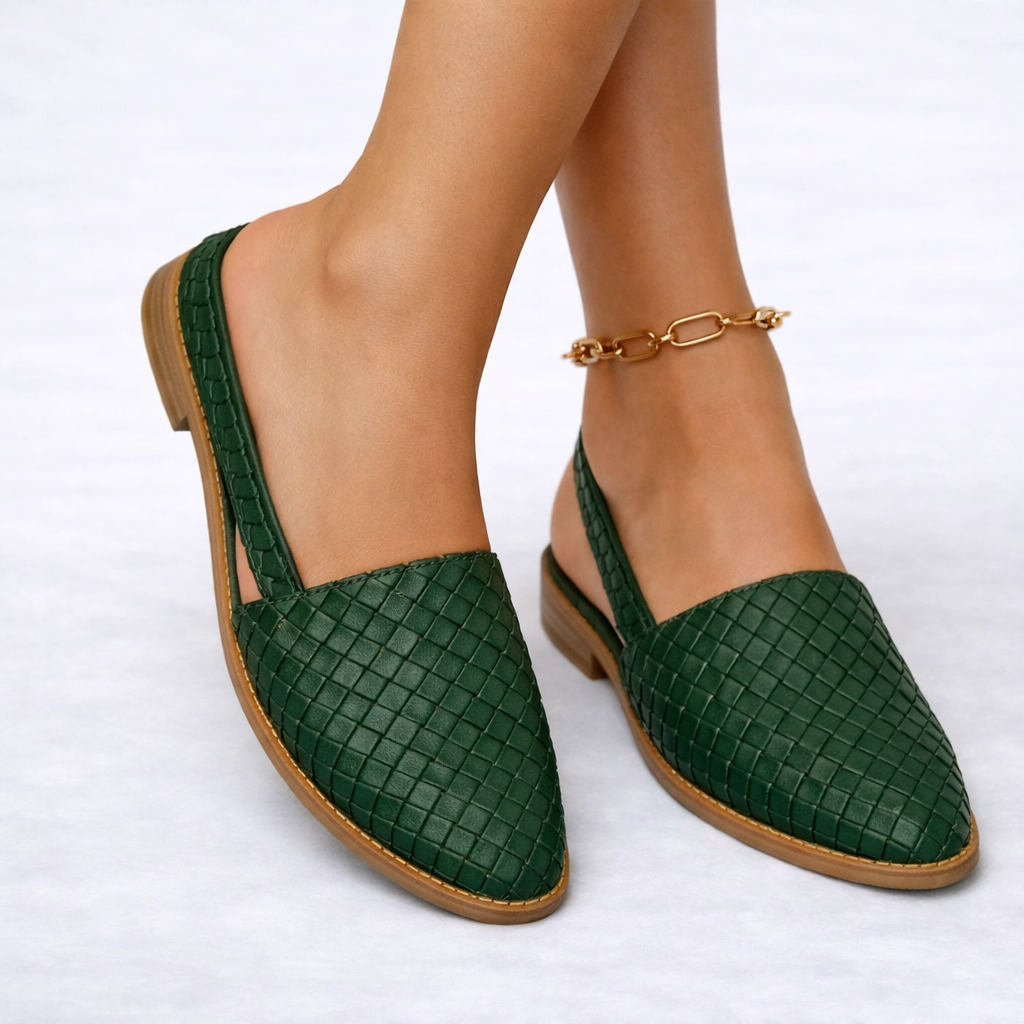 Black Flats for Women Woven Vegan Leather Slingback Elegant Pointed Toe