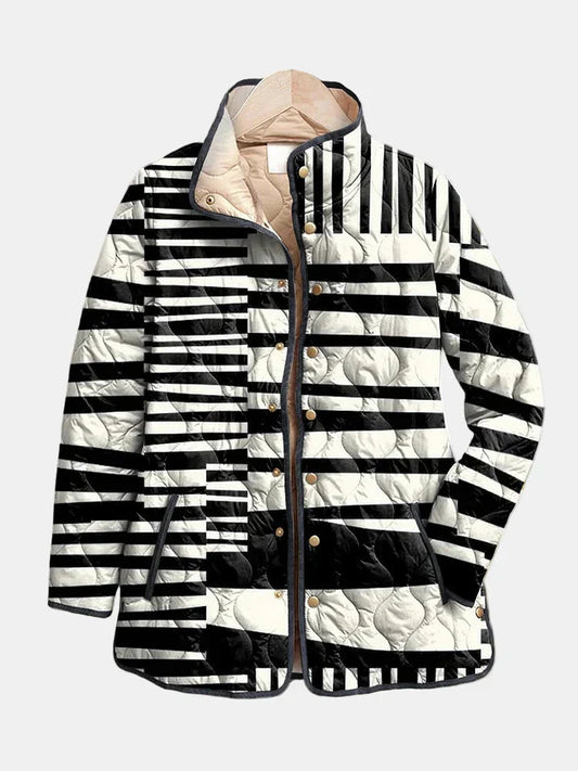 Women's Abstract Quilted Jacket UK – Black & White Modern Fit | The Ines | Huna