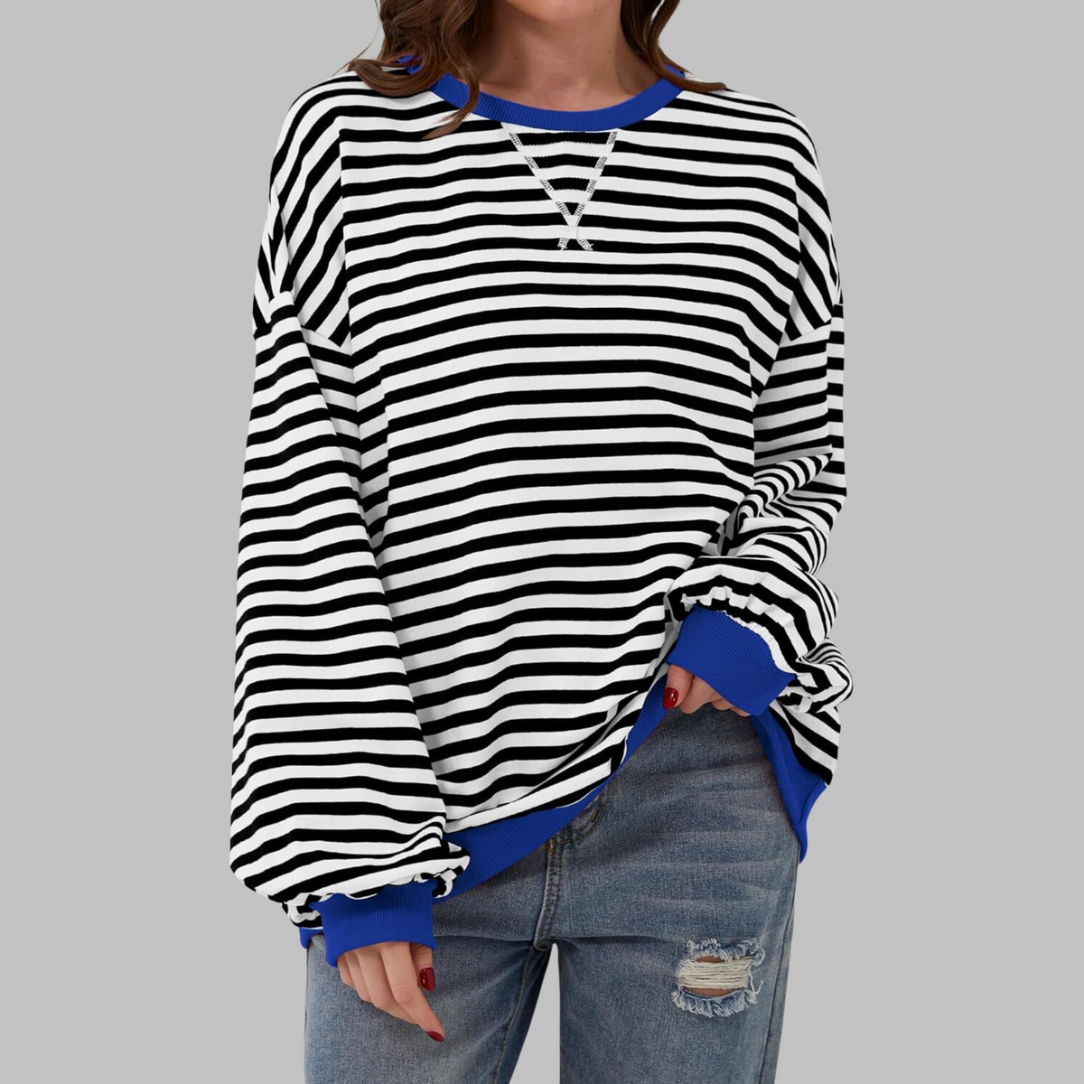 Women's Striped Sweatshirt UK – Casual Round Neck Long Sleeve | The Maribel | Huna
