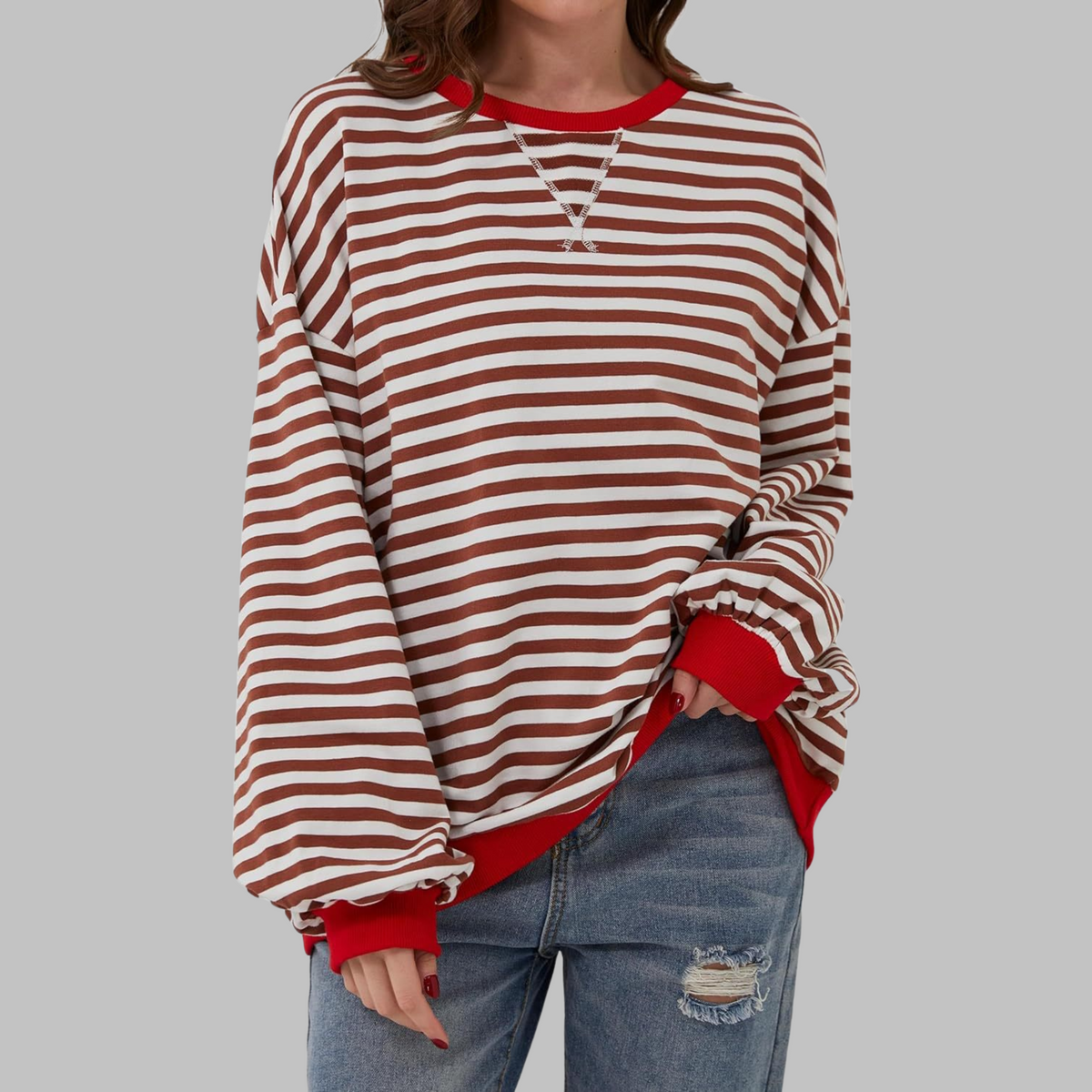 Women's Striped Sweatshirt UK – Casual Round Neck Long Sleeve | The Maribel | Huna