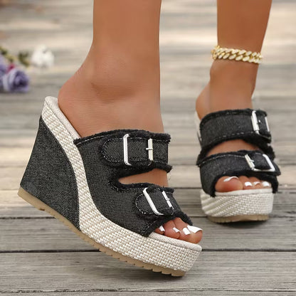 Women's Denim Wedge Sandals – Buckle Strap | The Elara | Huna