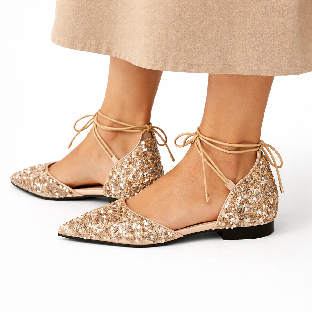 Gold Wedding Shoes for Bride Lace-Up Crystal Embellished Flat Sole