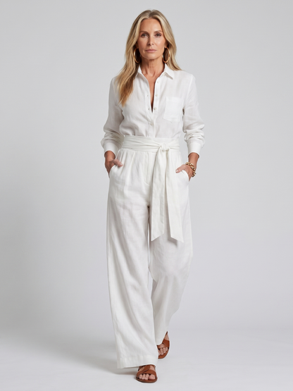 Women's Wide Leg Jumpsuit – Long Sleeve Button Front | The Jovie | Huna