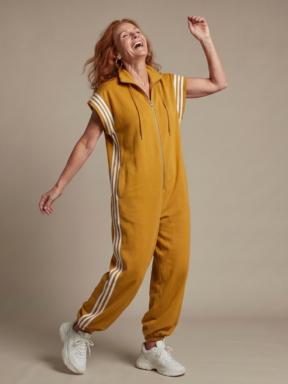 Women's Wide Leg Jumpsuit – Zip Front Stripe Panel | The Lark | Huna