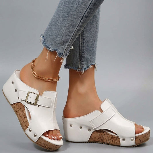 Women's Cork Wedge Platform Sandals – Gold Buckle | The Olivia | Huna