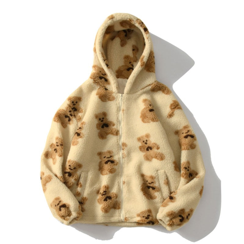 Women's Sherpa Jacket UK – Oversized Fluffy Hood Teddy Print | The Wynnfred | Huna