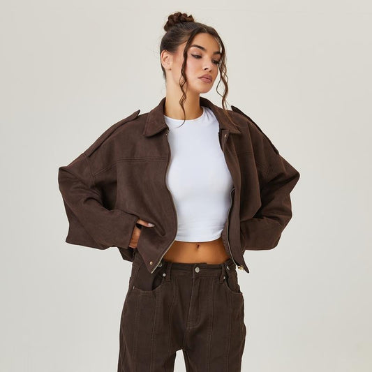 Women's Suede Bomber Jacket UK – Oversized Zip Front | The Tallis | Huna