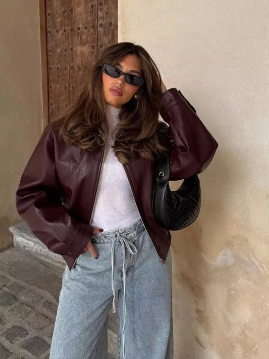 Women's Leather Look Jacket UK – Oversized Waist-Length | The Marisela | Huna