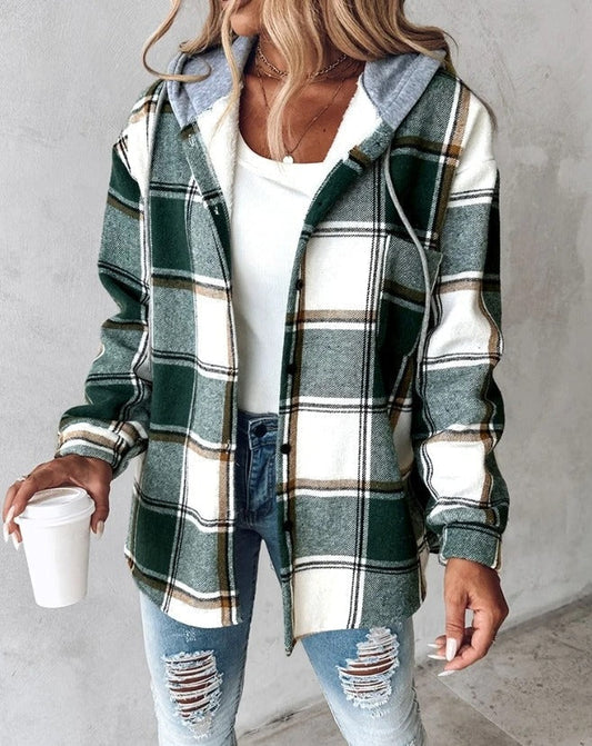 Women's Plaid Hooded Shacket UK – Drawstring Hood | The Wrenna | Huna