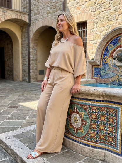 Women's One Shoulder Top & Wide Leg Pants Set – Co-ord | The Siomara | Huna
