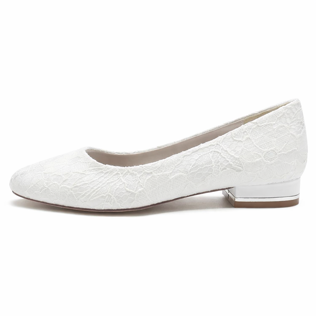 Women’s Bridal Flats White Lace Round Toe Low Heel