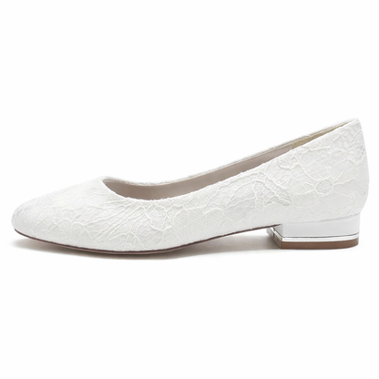 Women’s Bridal Flats White Lace Round Toe Low Heel