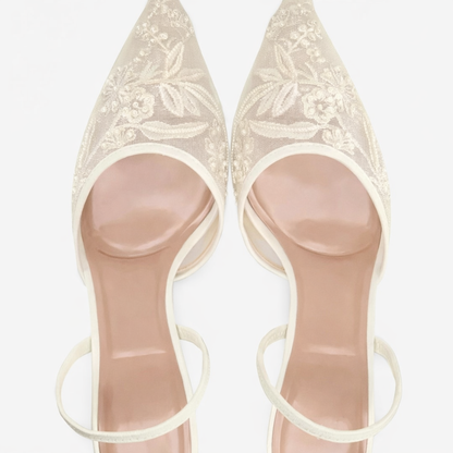 Women's Embroidered Mesh Mule Heels Floral Pointed Toe