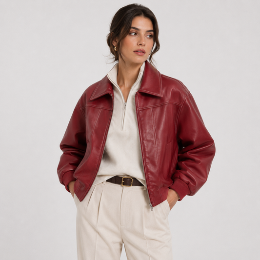 Women's Leather Look Jacket UK – Timeless Red Heritage | The Saoirse | Huna