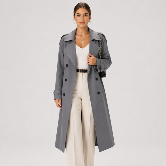 Women's Long Trench Coat UK – Double Breasted Belted Classic | The Quenby | Huna