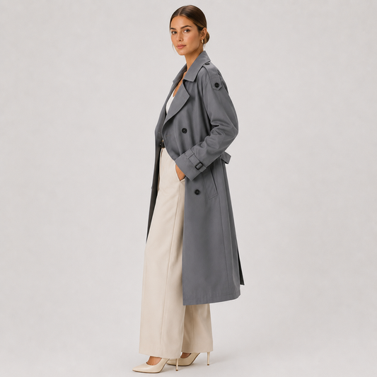 Women's Long Trench Coat UK – Double Breasted Belted Classic | The Quenby | Huna