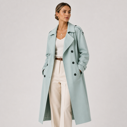 Women's Long Trench Coat UK – Double Breasted Belted Classic | The Quenby | Huna