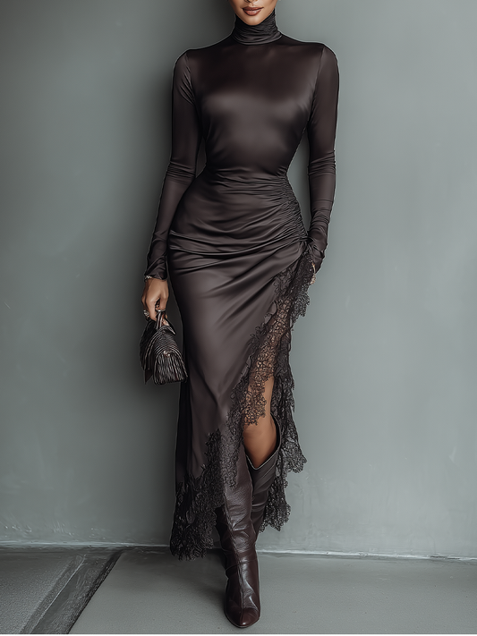 The Evangeline – Women's Satin Lace Long Sleeve Maxi Dress | Huna