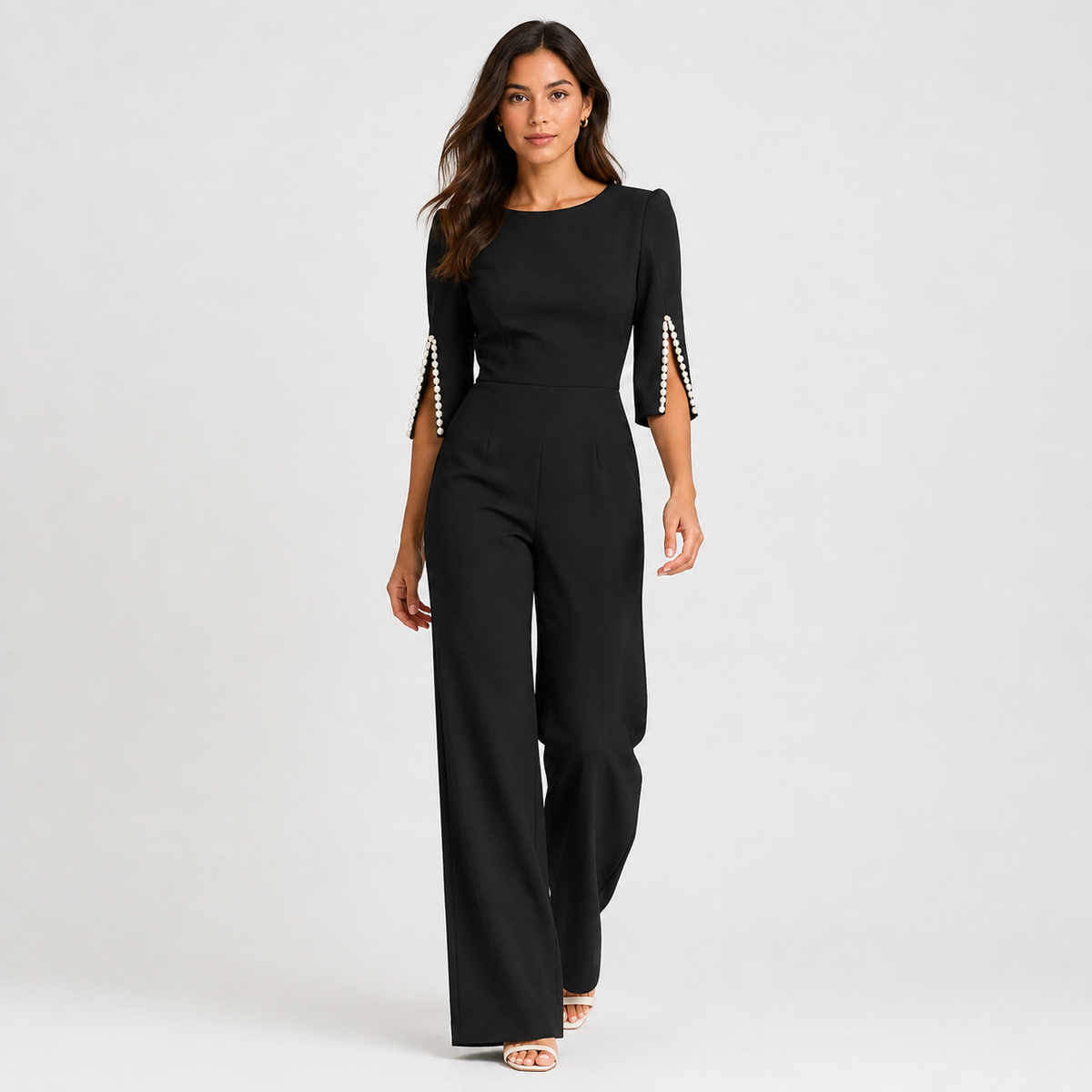 Women's Pearl Detail Jumpsuit Elegant Wide Leg One Piece Outfit 0
