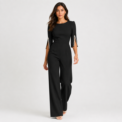 Women's Pearl Detail Jumpsuit Elegant Wide Leg One Piece Outfit 0
