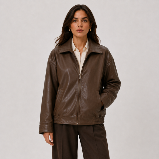 Women's Leather Look Jacket UK – Relaxed Fit Classic Collar | The Ysolde | Huna