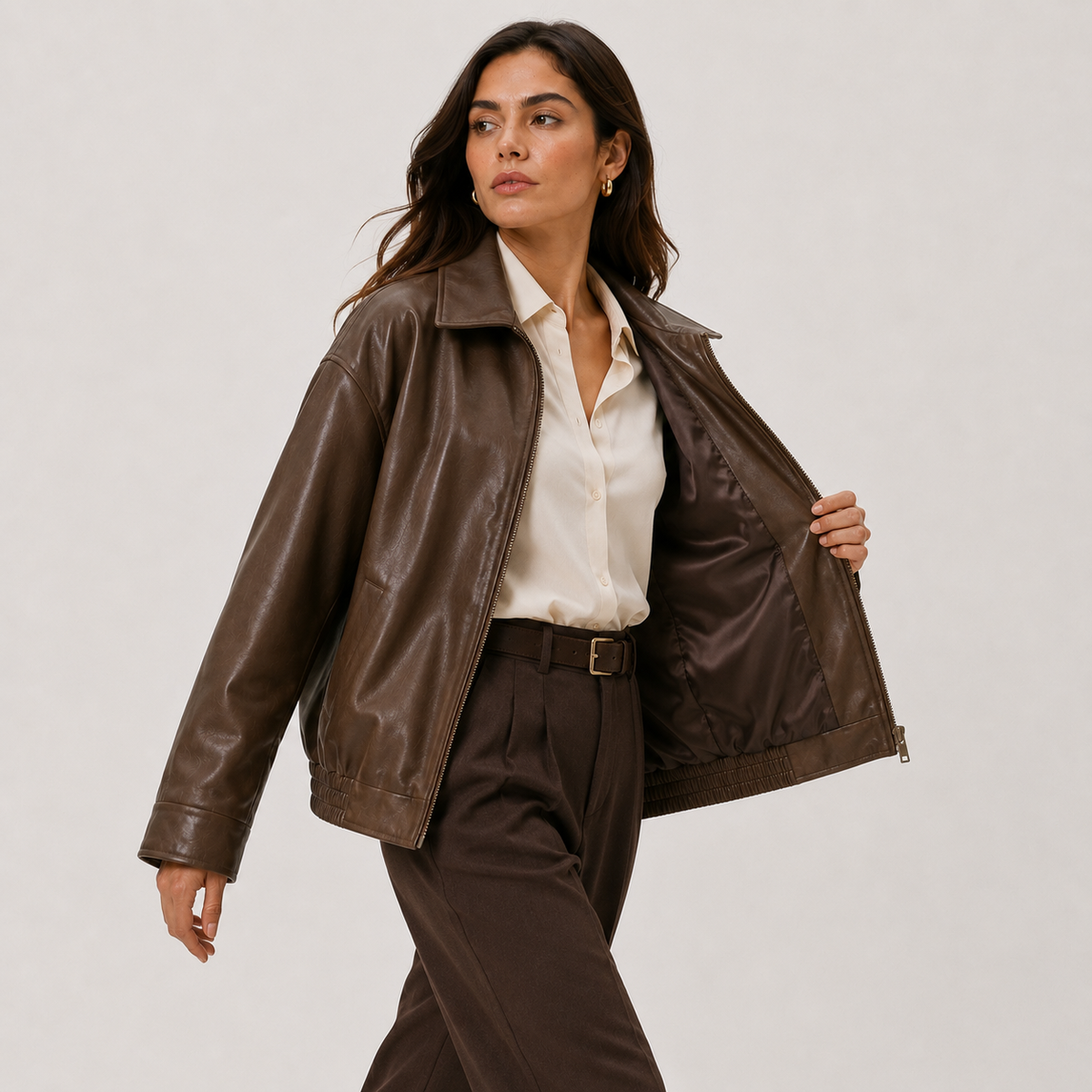 Women's Leather Look Jacket UK – Relaxed Fit Classic Collar | The Ysolde | Huna
