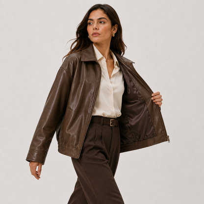 Women's Leather Look Jacket UK – Relaxed Fit Classic Collar | The Ysolde | Huna