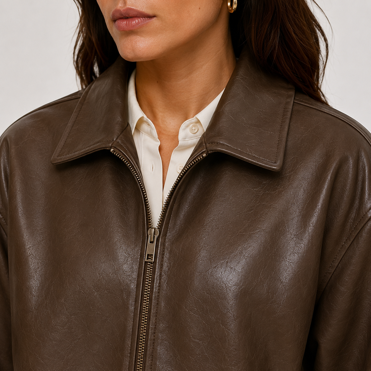 Women's Leather Look Jacket UK – Relaxed Fit Classic Collar | The Ysolde | Huna
