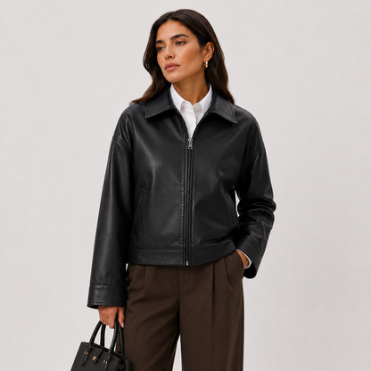 Women's Leather Look Jacket UK – Relaxed Fit Classic Collar | The Ysolde | Huna
