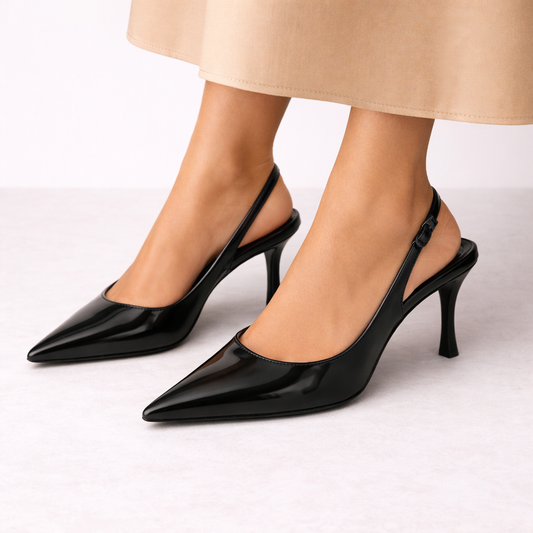 Women’s Slingback Heels Black Glossy Pointed Toe