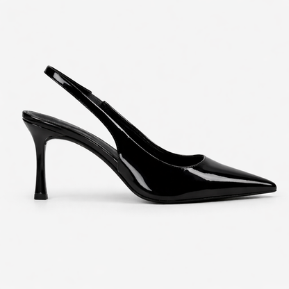 Women’s Slingback Heels Black Glossy Pointed Toe