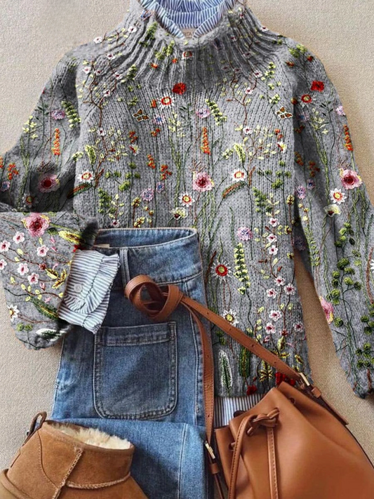 Women's Turtleneck Pullover Sweater UK – Multi-Color Floral Knit | The Guinevere | Huna